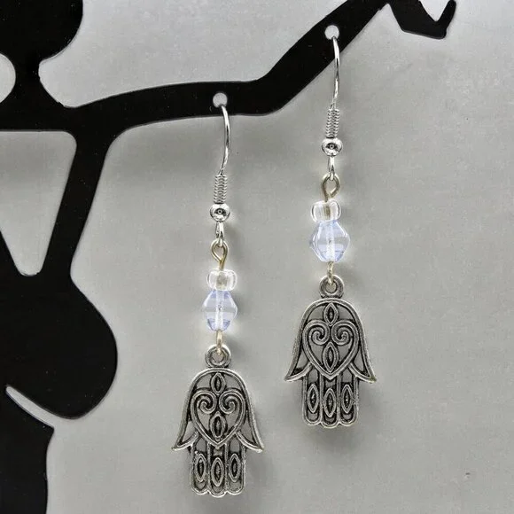 Handmade Hamsa Earrings with Blue Crystal - Picture 4 of 4